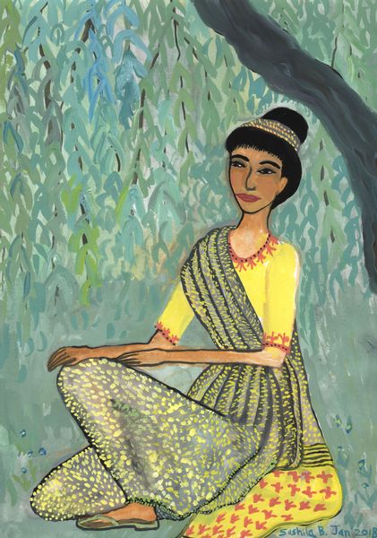 Woman in grey and yellow sari under weeping willow. A painting by Sushila Burgess.