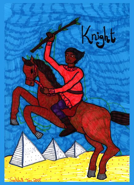 Tarot of the Younger Self: Knight of Wands. 
		A drawing by Sushila Burgess.