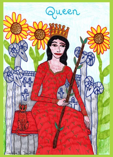 Tarot of the Younger Self: Queen of Wands. 
		A drawing by Sushila Burgess.