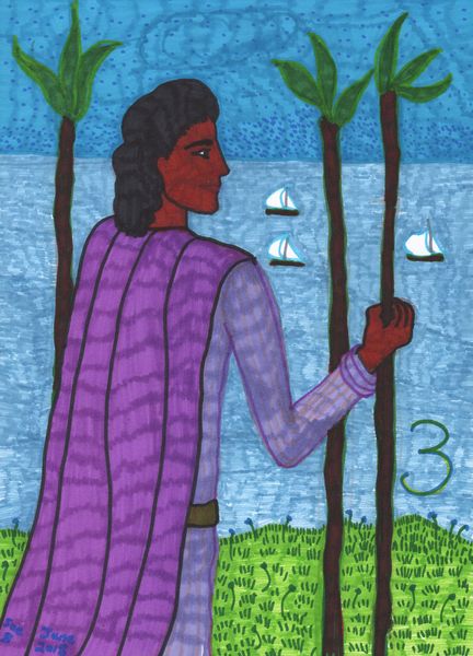 Tarot of the Younger Self: Three of Wands. 
		A drawing by Sushila Burgess.