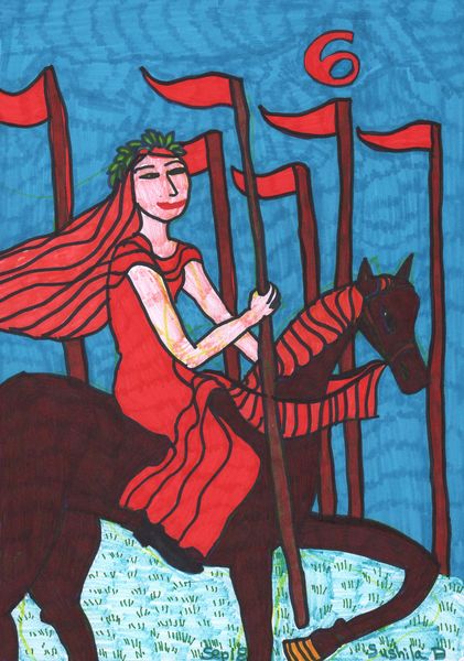 Tarot of the Younger Self: Six of Wands. 
		A drawing by Sushila Burgess.