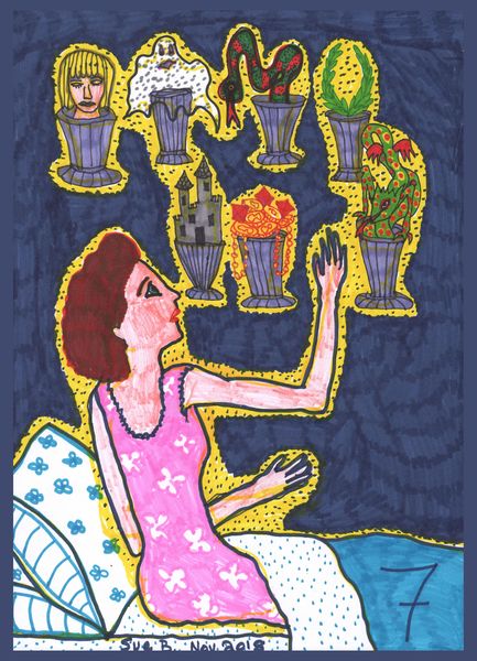 Tarot of the Younger Self: Seven of Cups. 
		A drawing by Sushila Burgess.