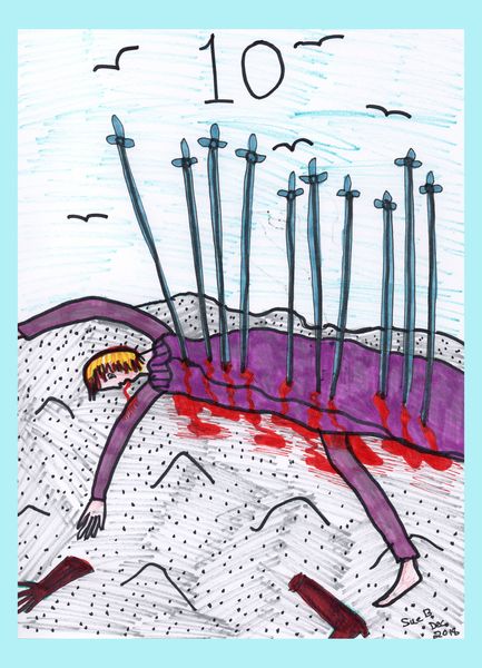 Tarot of the Younger Self: Ten of Swords. 
		A drawing by Sushila Burgess.