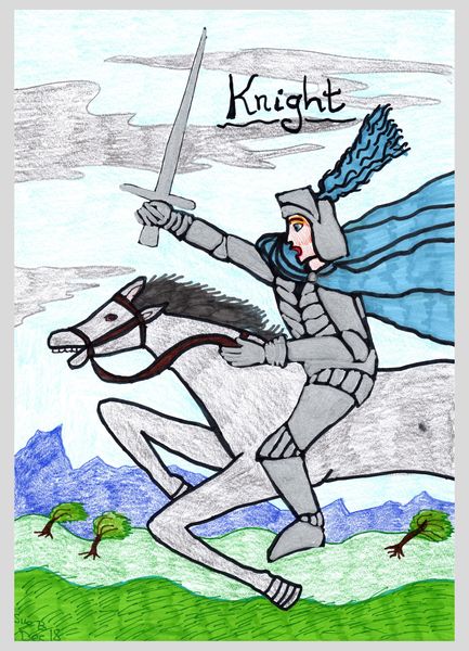 Tarot of the Younger Self: Knight of Swords. 
		A drawing by Sushila Burgess.