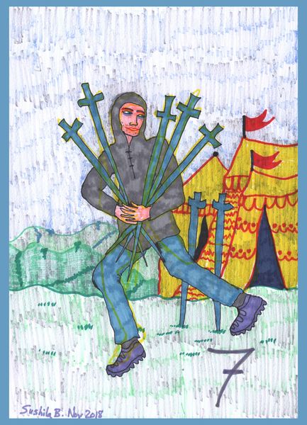 Tarot of the Younger Self: Seven of Swords. 
		A drawing by Sushila Burgess.