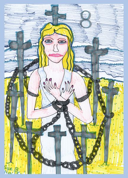 Tarot of the Younger Self: Eight of Swords. 
		A drawing by Sushila Burgess.