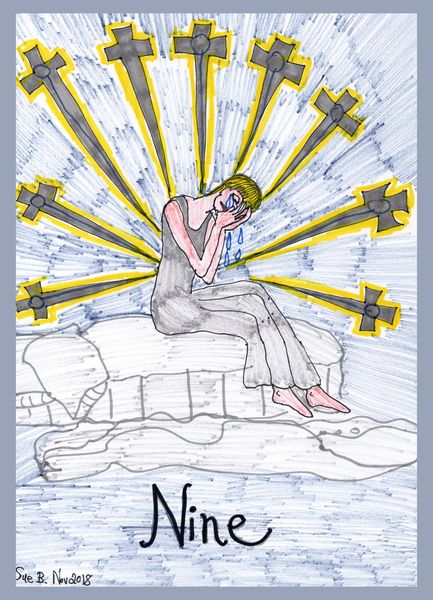 Tarot of the Younger Self: Nine of Swords. 
		A drawing by Sushila Burgess.