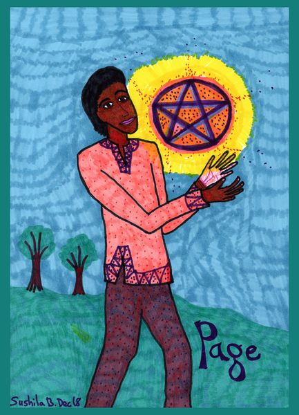 Tarot of the Younger Self: Page of Pentacles. 
		A drawing by Sushila Burgess.