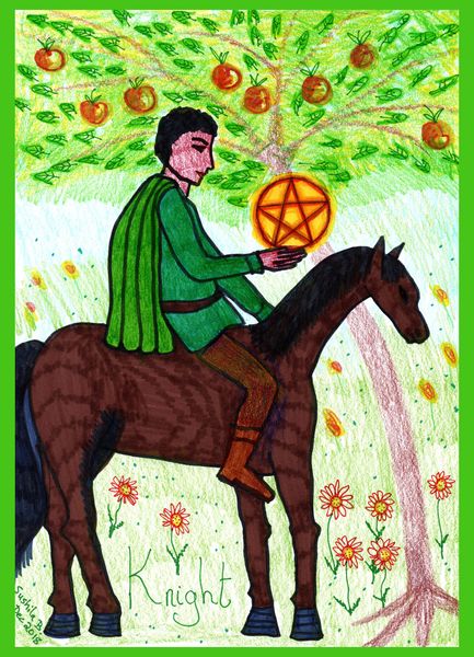 Tarot of the Younger Self: Knight of Pentacles. 
		A drawing by Sushila Burgess.