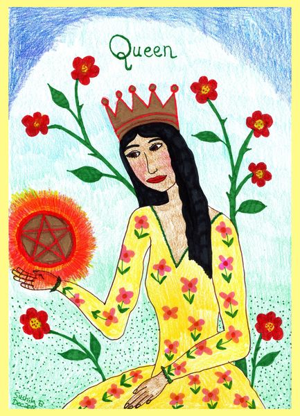 Tarot of the Younger Self: Queen of Pentacles. 
		A drawing by Sushila Burgess.