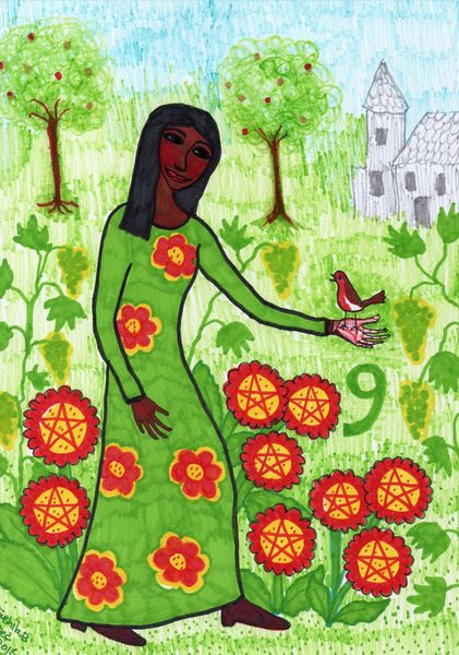 Tarot of the Younger Self: Nine of Pentacles. 
		A drawing by Sushila Burgess.