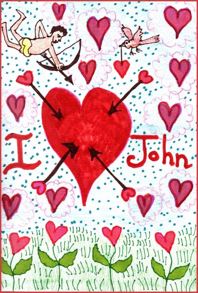 A Valentine's card for my husband, John. 
		A drawing by Sushila Burgess.