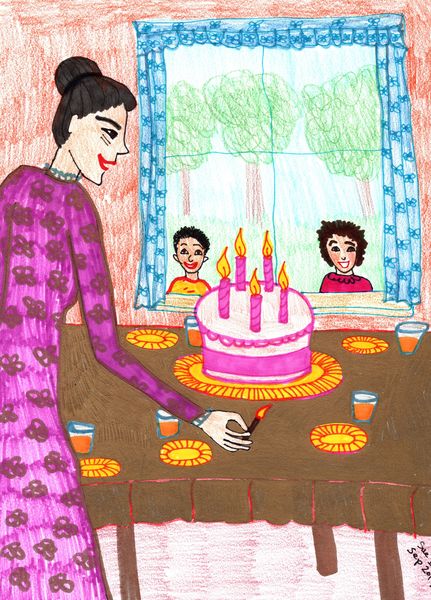 Polly Get the Candles Lit. A drawing by Sushila Burgess.