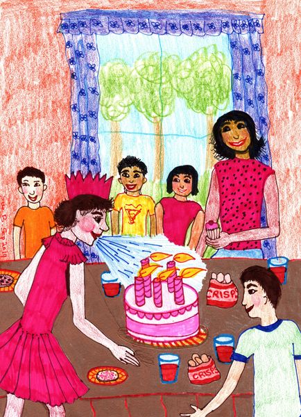 Sukey Blow the Candles Out. A drawing by Sushila Burgess.