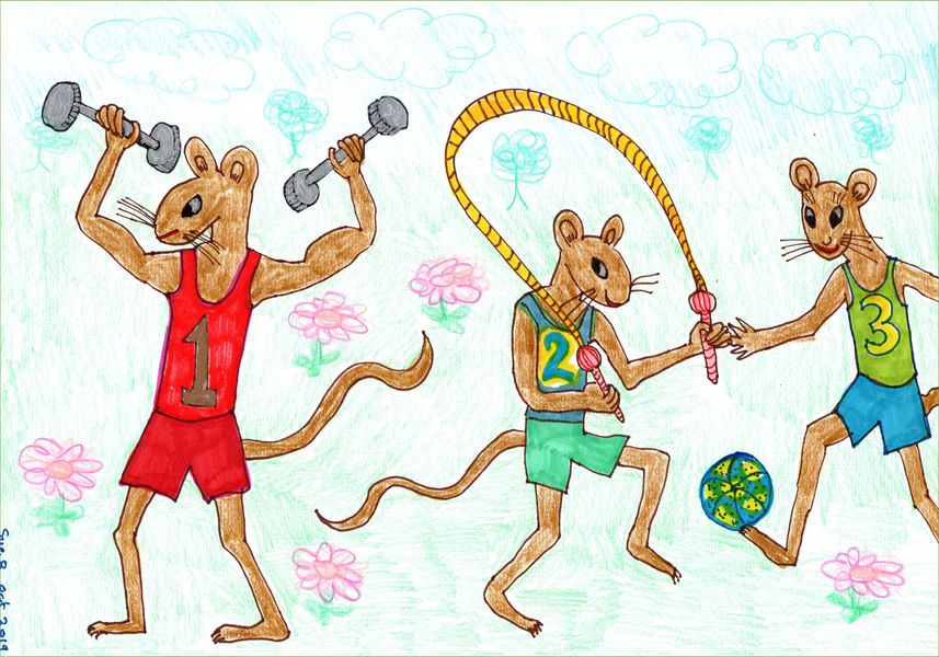 Three Fit Mice 1. A drawing by Sushila Burgess.