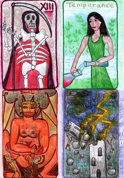 The Glowing Tarot Major Arcana 13-16. A drawing by Sushila Burgess.