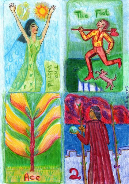 The Glowing Tarot Major Arcana 21 to Wands 2. A drawing by Sushila Burgess.