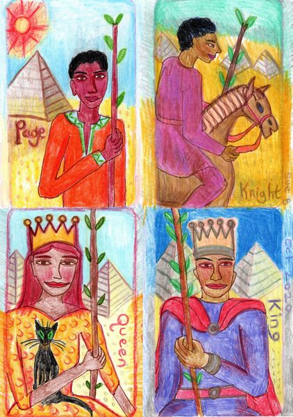 The Glowing Tarot Wands Court Cards. A drawing by Sushila Burgess.