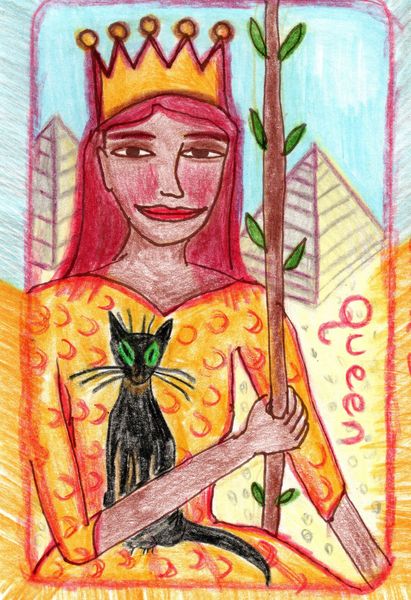 The Glowing Tarot Queen of Wands. A drawing by Sushila Burgess.