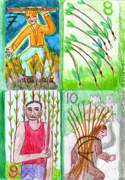 The Glowing Tarot Wands 7 to 10. A drawing by Sushila Burgess.