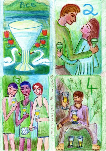 The Glowing Tarot Cups 1 to 4. A drawing by Sushila Burgess.