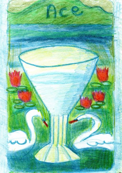 The Glowing Tarot Cups 1. A drawing by Sushila Burgess.