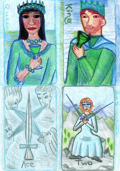 The Glowing Tarot Cups 13 to Swords 2. A drawing by Sushila Burgess.