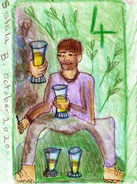 The Glowing Tarot Cups 4. A drawing by Sushila Burgess.