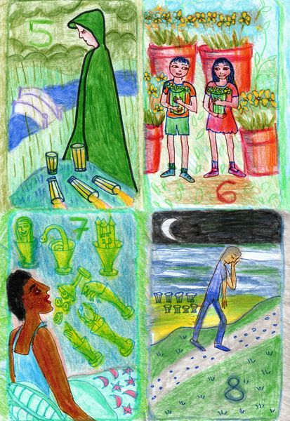 The Glowing Tarot Cups 5 to 8. A drawing by Sushila Burgess.