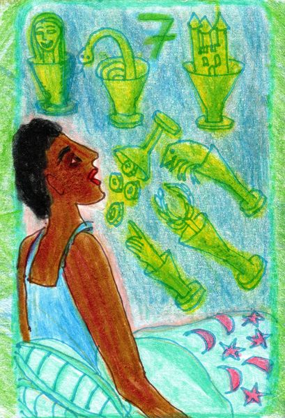 The Glowing Tarot Cups 7. A drawing by Sushila Burgess.