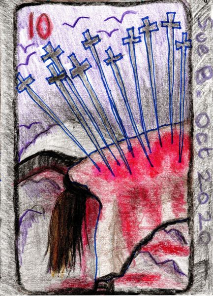 The Glowing Tarot Swords 10. A drawing by Sushila Burgess.