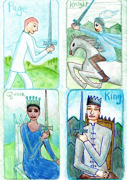 The Glowing Tarot Swords 11 to 14. A drawing by Sushila Burgess.