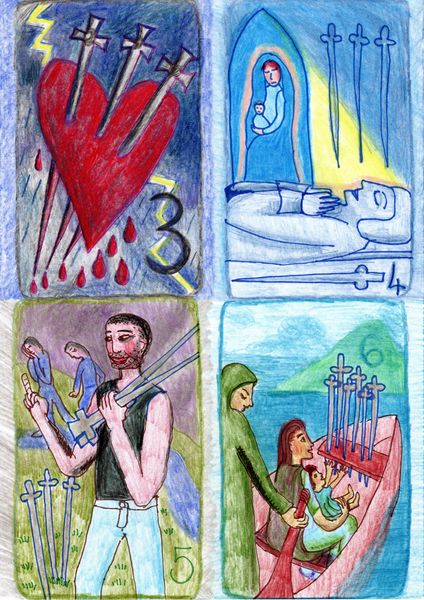 The Glowing Tarot Swords 3 to 6. A drawing by Sushila Burgess.