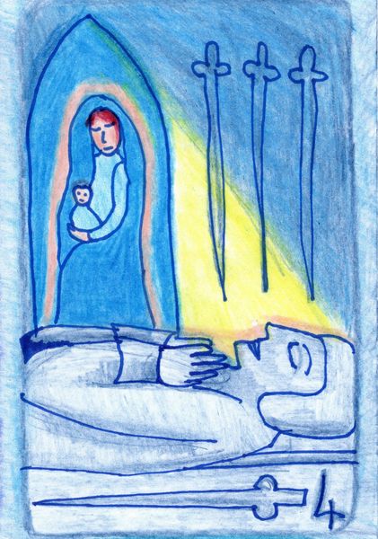 The Glowing Tarot Swords 4. A drawing by Sushila Burgess.