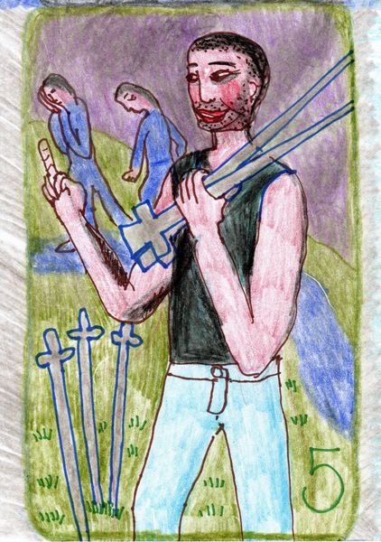 The Glowing Tarot Swords 5. A drawing by Sushila Burgess.