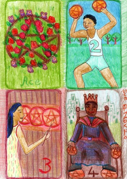 The Glowing Tarot Pentacles 1 to 4. A drawing by Sushila Burgess.