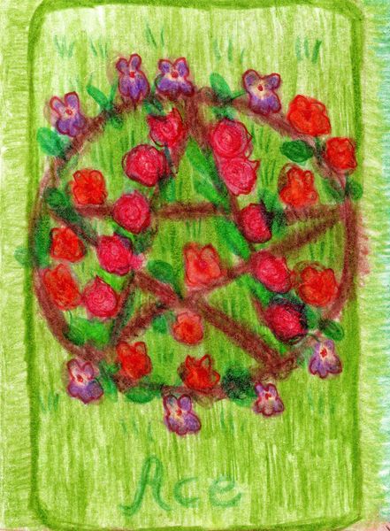 The Glowing Tarot Pentacles 1. A drawing by Sushila Burgess.