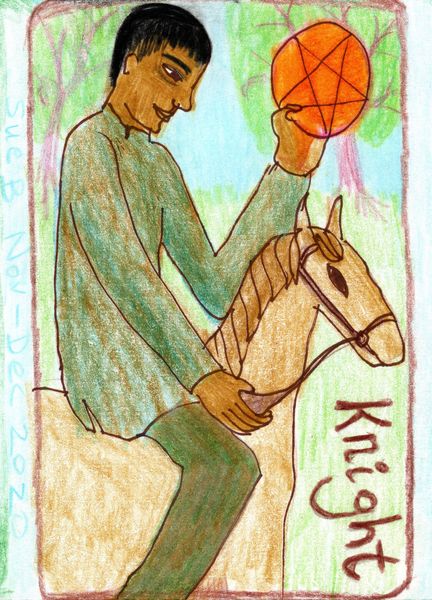 The Glowing Tarot Pentacles 12. A drawing by Sushila Burgess.