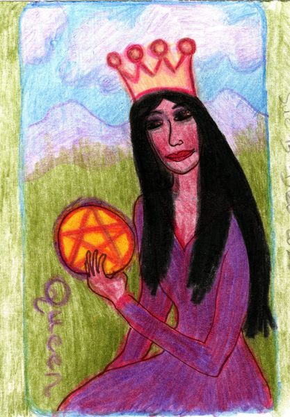 The Glowing Tarot Pentacles 13. A drawing by Sushila Burgess.