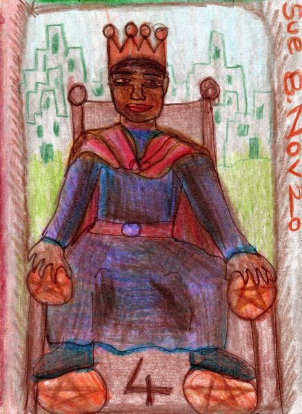 The Glowing Tarot Pentacles 4. A drawing by Sushila Burgess.