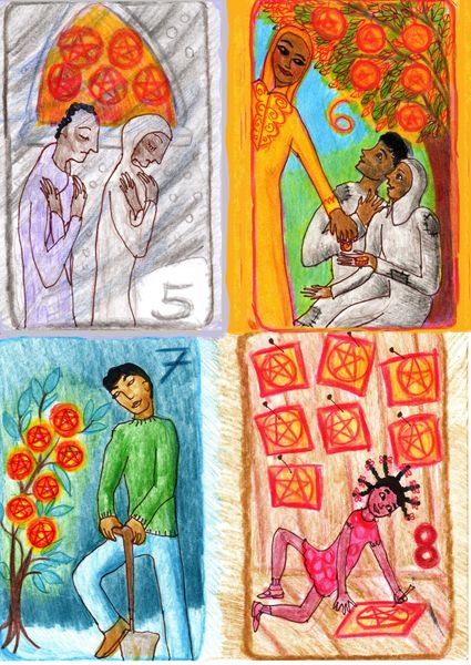 The Glowing Tarot Pentacles 5 to 8. A drawing by Sushila Burgess.