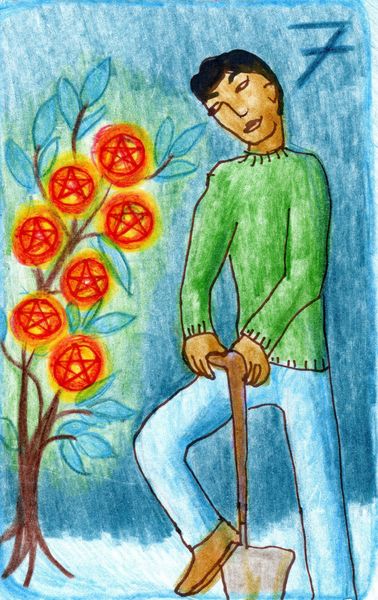 The Glowing Tarot Pentacles 7. A drawing by Sushila Burgess.