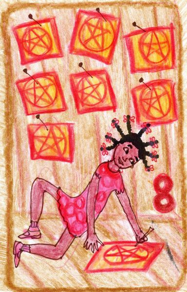 The Glowing Tarot Pentacles 8. A drawing by Sushila Burgess.