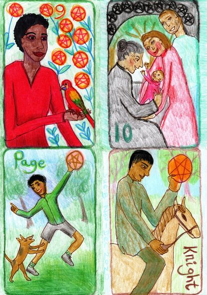 The Glowing Tarot Pentacles 9 to 12. A drawing by Sushila Burgess.