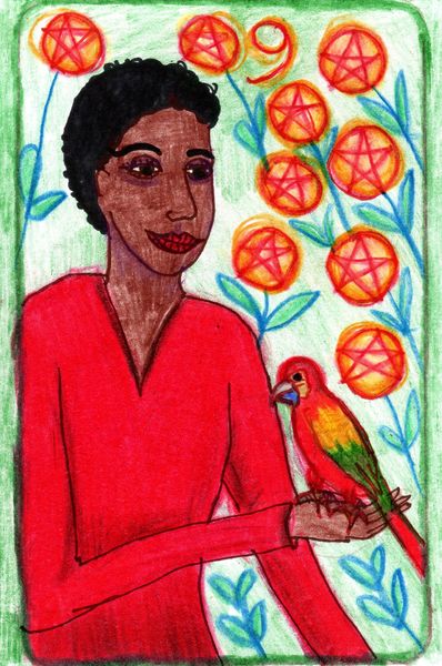 The Glowing Tarot Pentacles 9. A drawing by Sushila Burgess.