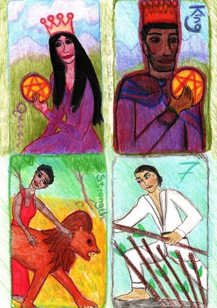 King and Queen of Pentacles, second version of Strength and 7 of Wands.