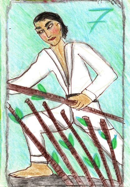 The Glowing Tarot Wands 7 second version. A drawing by Sushila Burgess.