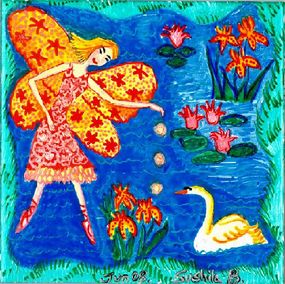 Fairy feeding swan. A painting by Sushila Burgess.