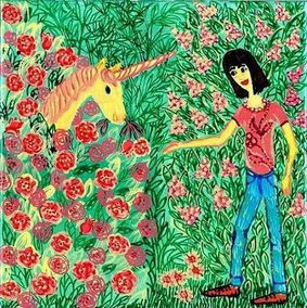 Meeting in the rose-garden. A painting by Sushila Burgess.