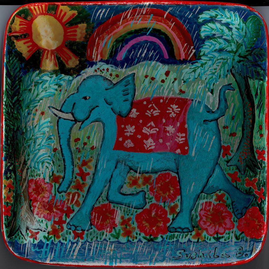 Blue elephant in the rain